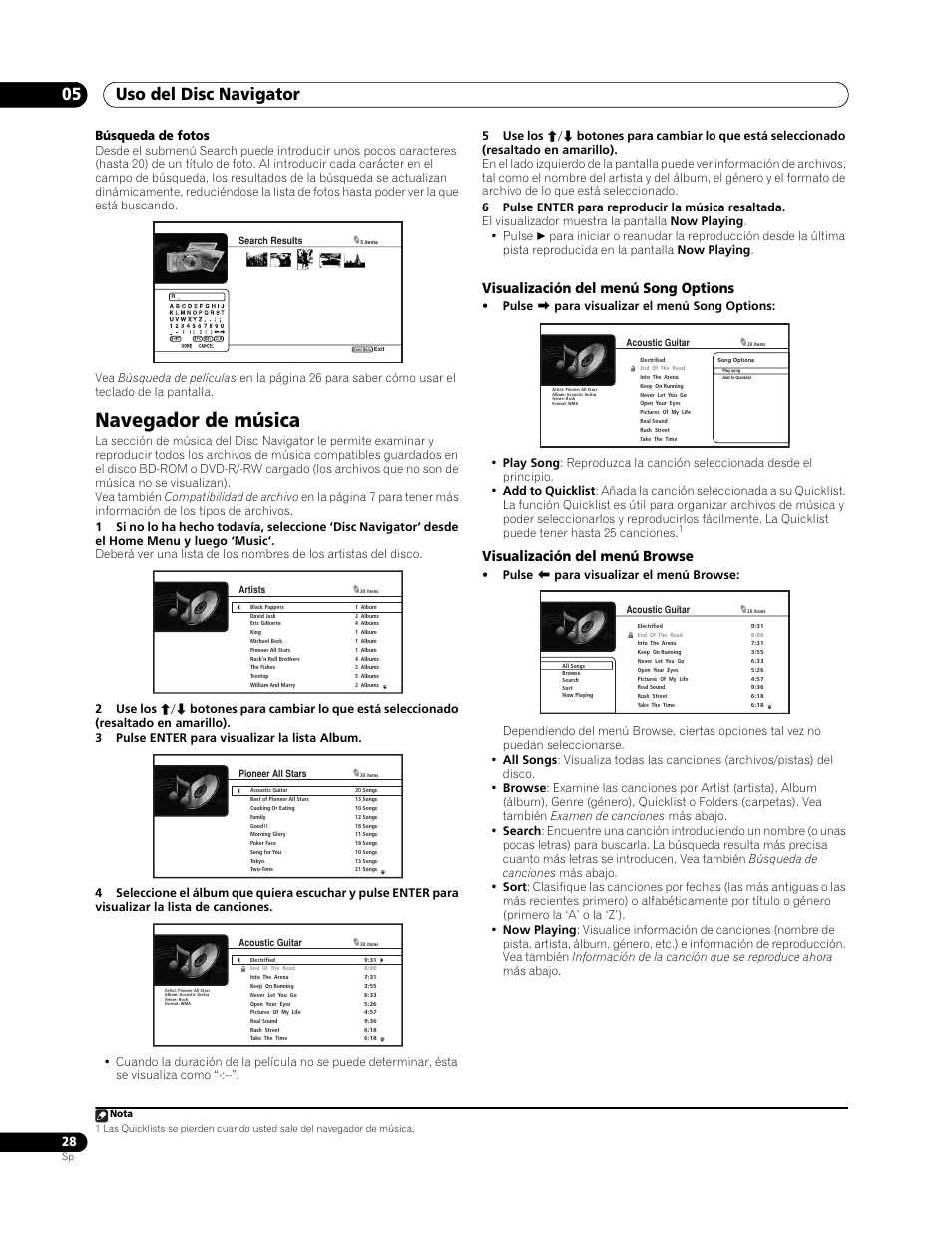 Navegador de música, Uso del disc navigator 05, Visualización del menú song options | Visualización del menú browse, Búsqueda de fotos | Pioneer BDP-LX70 User Manual | Page 28 / 64