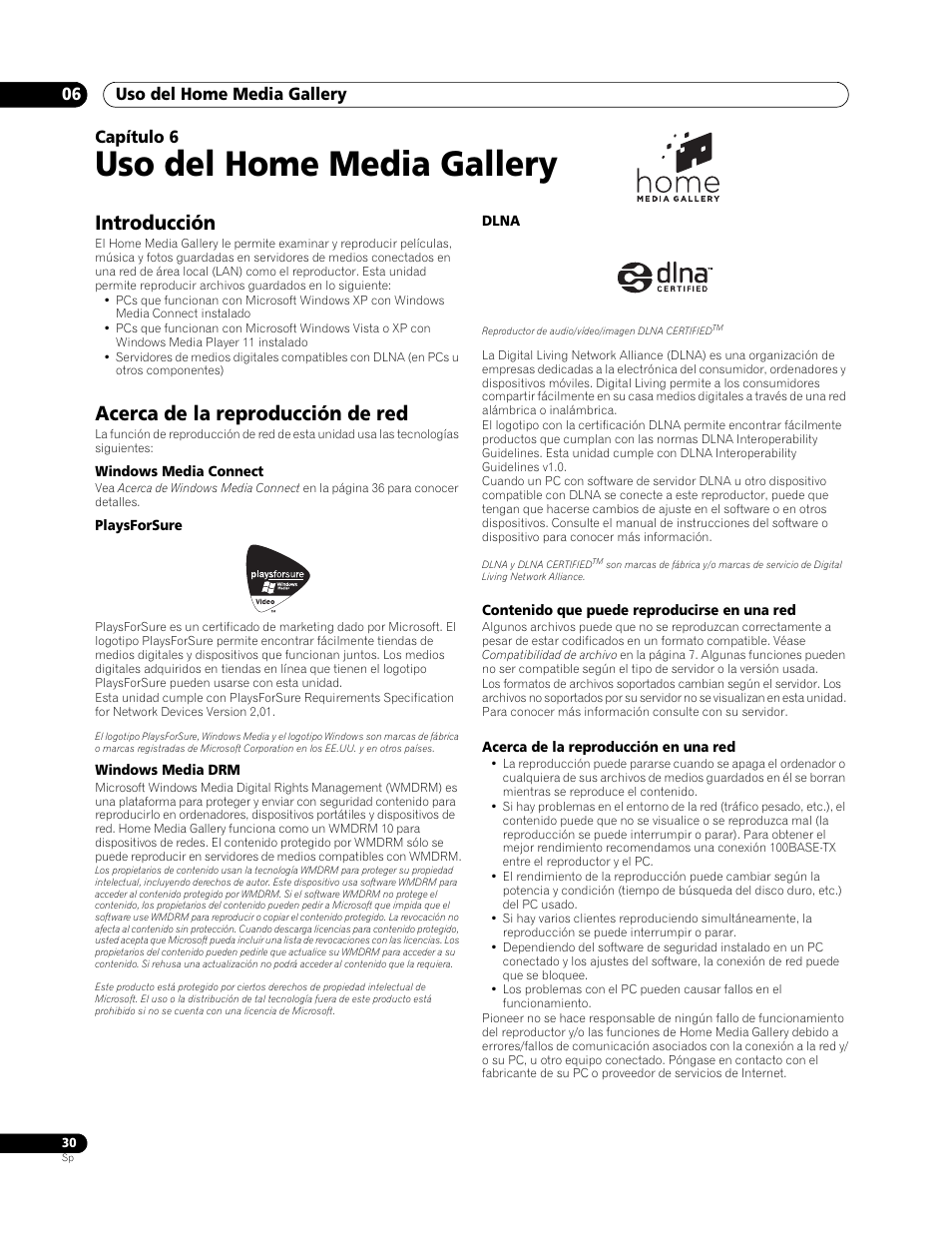 06 uso del home media gallery, Introducción, Acerca de la reproducción de red | Uso del home media gallery, Uso del home media gallery 06, Capítulo 6 | Pioneer BDP-LX70 User Manual | Page 30 / 64