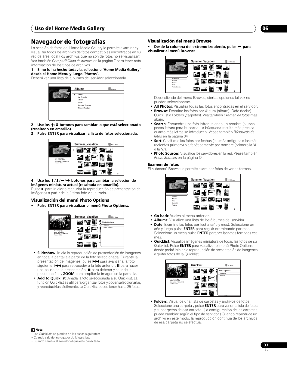 Navegador de fotografías, Uso del home media gallery 06, Visualización del menú photo options | Visualización del menú browse | Pioneer BDP-LX70 User Manual | Page 33 / 64