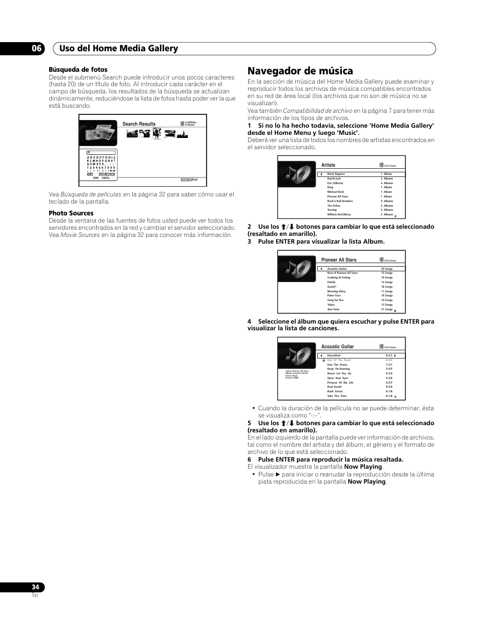 Navegador de música, Uso del home media gallery 06, Búsqueda de fotos | Photo sources | Pioneer BDP-LX70 User Manual | Page 34 / 64
