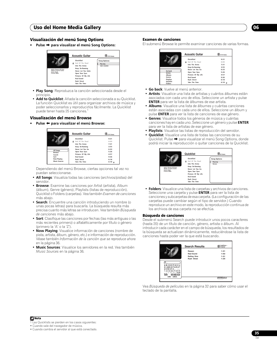 Uso del home media gallery 06, Visualización del menú song options, Visualización del menú browse | Examen de canciones, Búsqueda de canciones | Pioneer BDP-LX70 User Manual | Page 35 / 64
