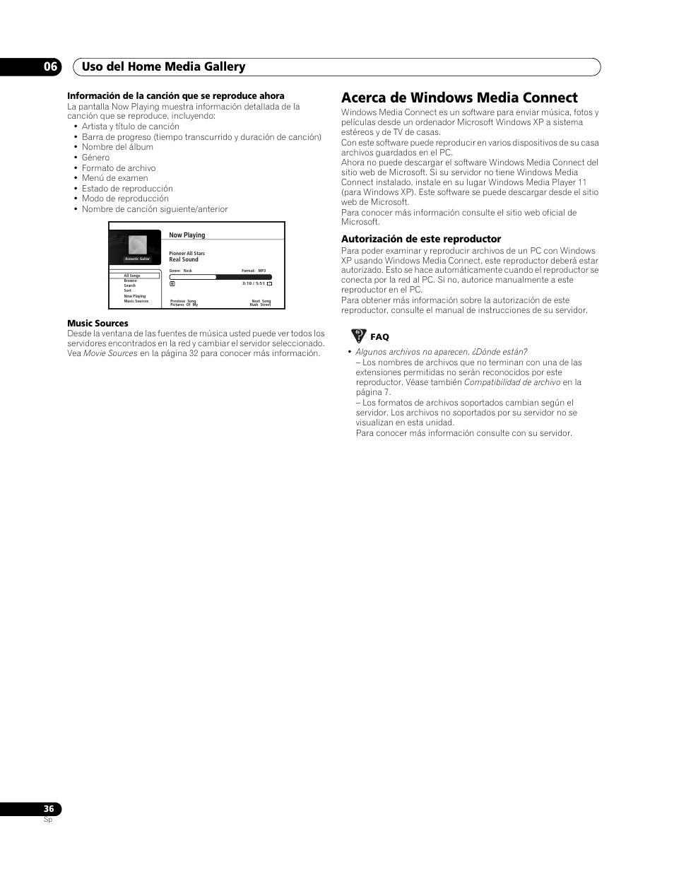 Acerca de windows media connect, Uso del home media gallery 06, Autorización de este reproductor | Pioneer BDP-LX70 User Manual | Page 36 / 64