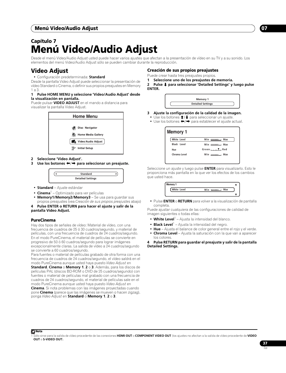 07 menú video/audio adjust, Video adjust, Menú video/audio adjust | Menú video/audio adjust 07, Capítulo 7 | Pioneer BDP-LX70 User Manual | Page 37 / 64