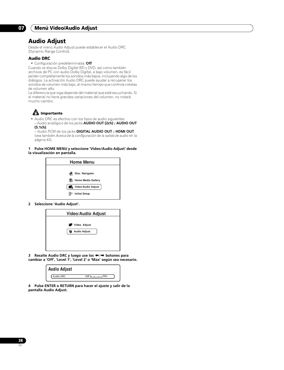 Audio adjust, Menú video/audio adjust 07 | Pioneer BDP-LX70 User Manual | Page 38 / 64