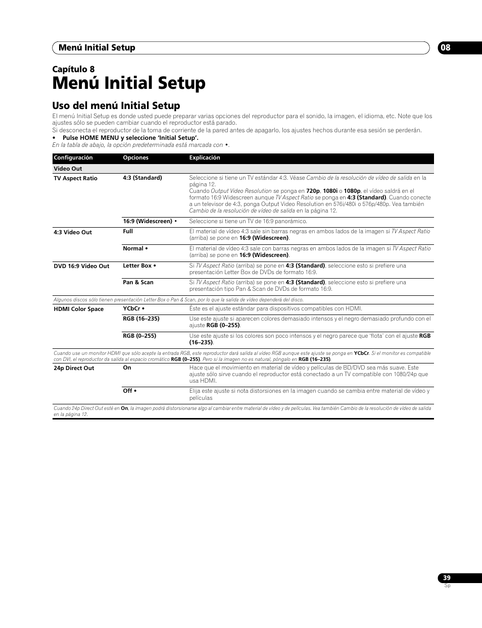 08 menú initial setup, Uso del menú initial setup, Menú initial setup | Menú initial setup 08, Capítulo 8 | Pioneer BDP-LX70 User Manual | Page 39 / 64