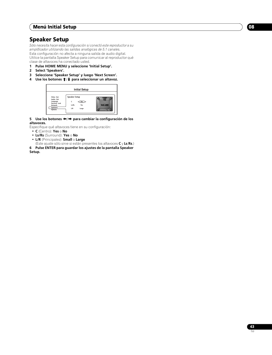 Speaker setup, Menú initial setup 08 | Pioneer BDP-LX70 User Manual | Page 43 / 64