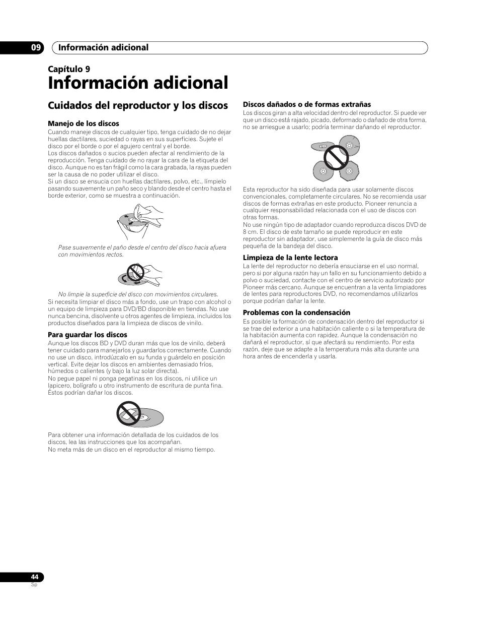 09 información adicional, Cuidados del reproductor y los discos, Información adicional | Pioneer BDP-LX70 User Manual | Page 44 / 64