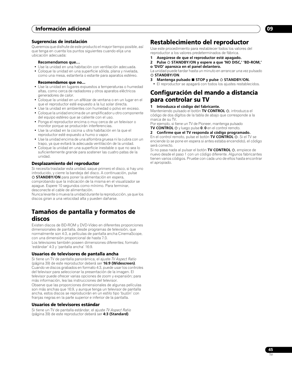 Tamaños de pantalla y formatos de discos, Restablecimiento del reproductor, Información adicional 09 | Pioneer BDP-LX70 User Manual | Page 45 / 64