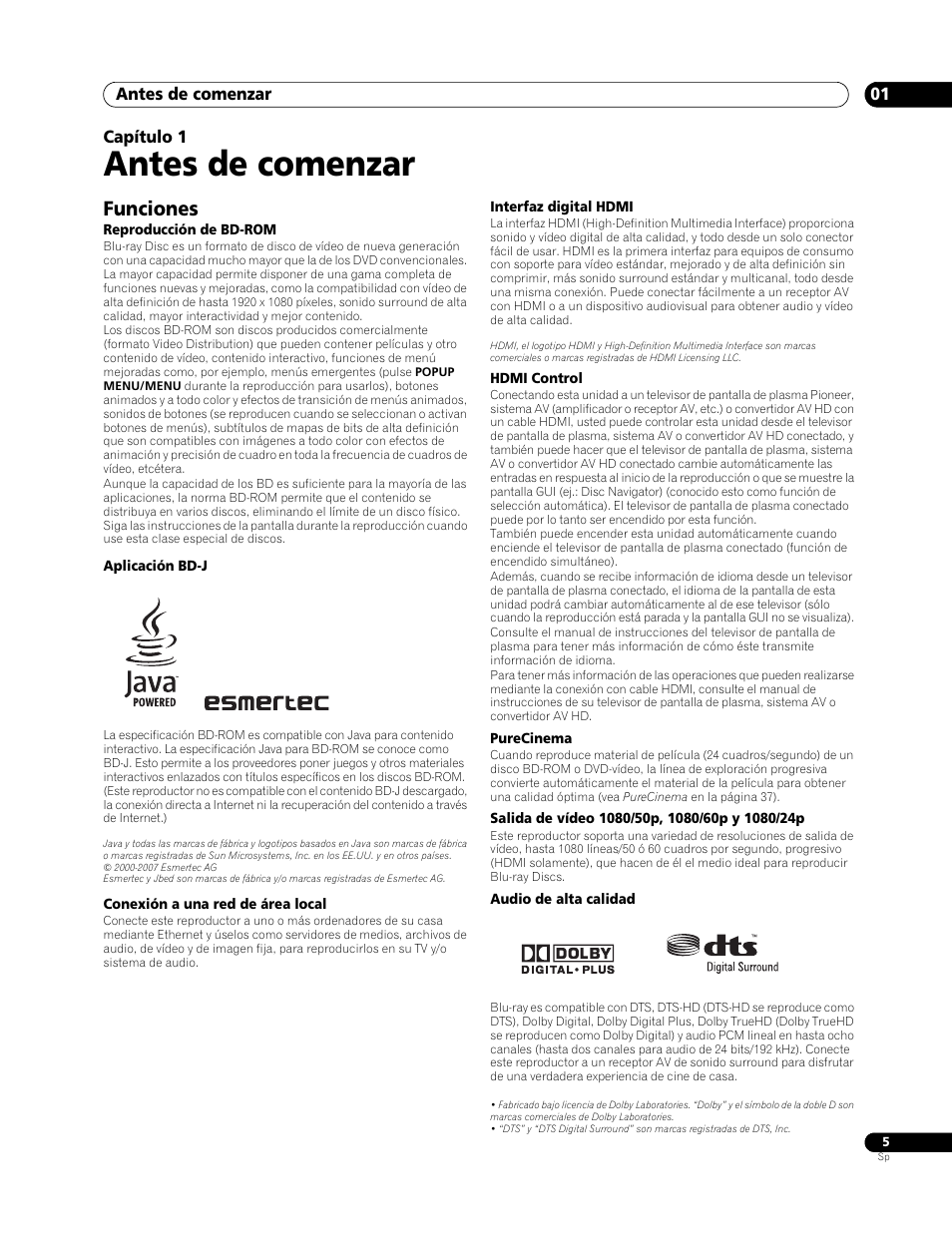 01 antes de comenzar, Funciones, Antes de comenzar | Pioneer BDP-LX70 User Manual | Page 5 / 64