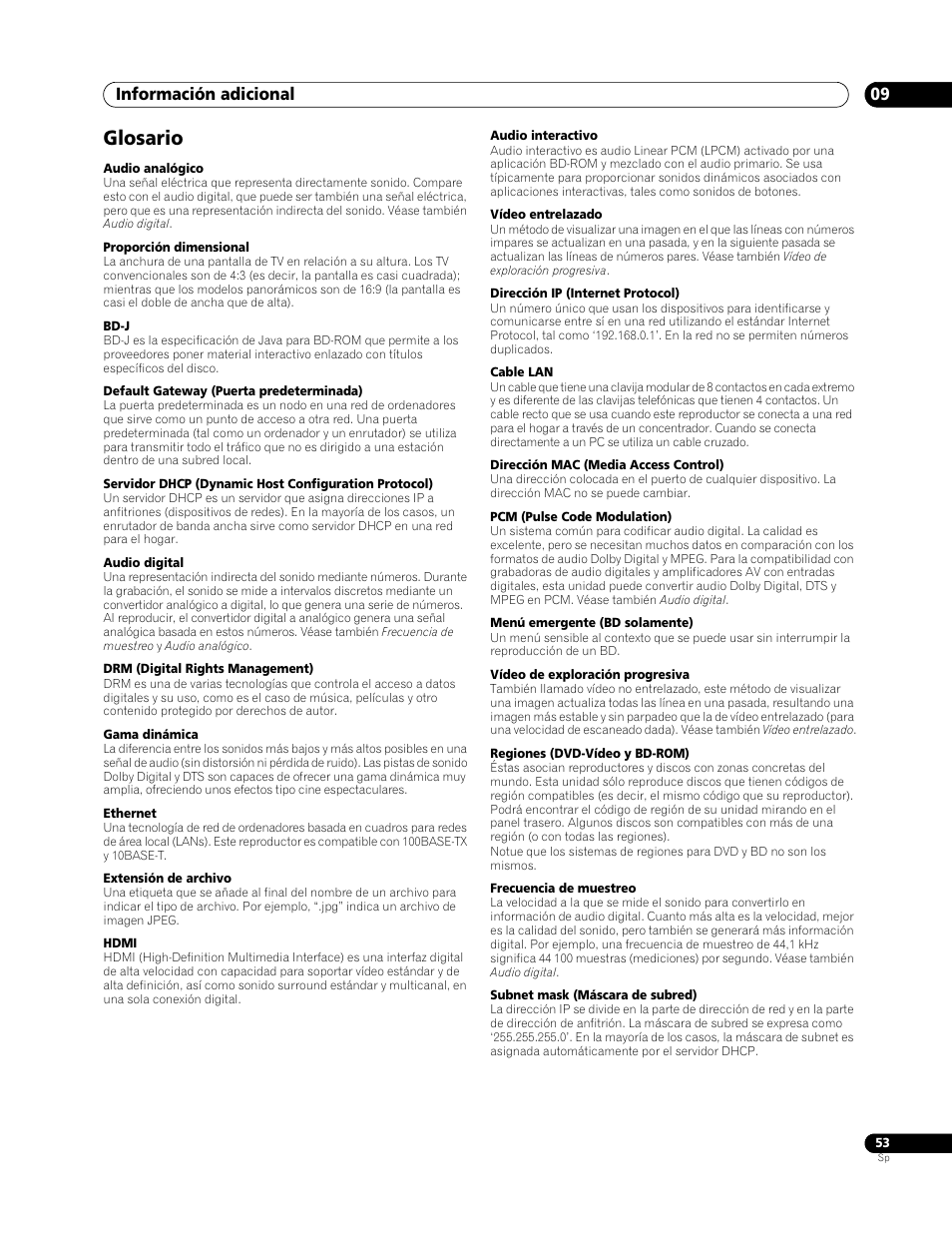 Glosario, Información adicional 09 | Pioneer BDP-LX70 User Manual | Page 53 / 64