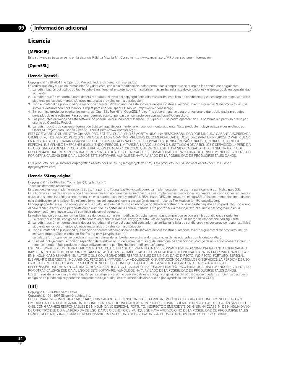 Licencia, Información adicional 09 | Pioneer BDP-LX70 User Manual | Page 54 / 64