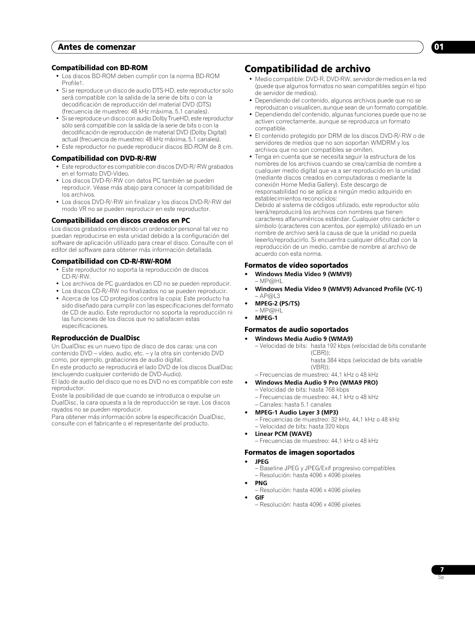 Compatibilidad de archivo, Antes de comenzar 01 | Pioneer BDP-LX70 User Manual | Page 7 / 64