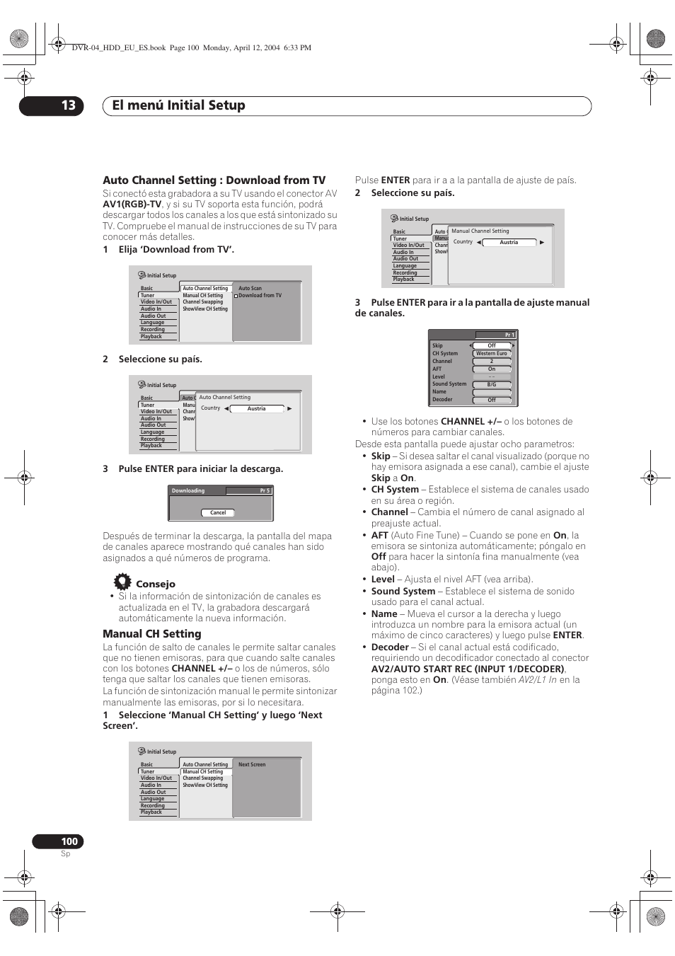 El menú initial setup 13, Auto channel setting : download from tv, Manual ch setting | Pioneer DVR-520H-S User Manual | Page 100 / 127