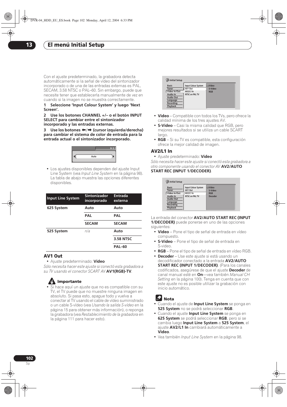 El menú initial setup 13 | Pioneer DVR-520H-S User Manual | Page 102 / 127