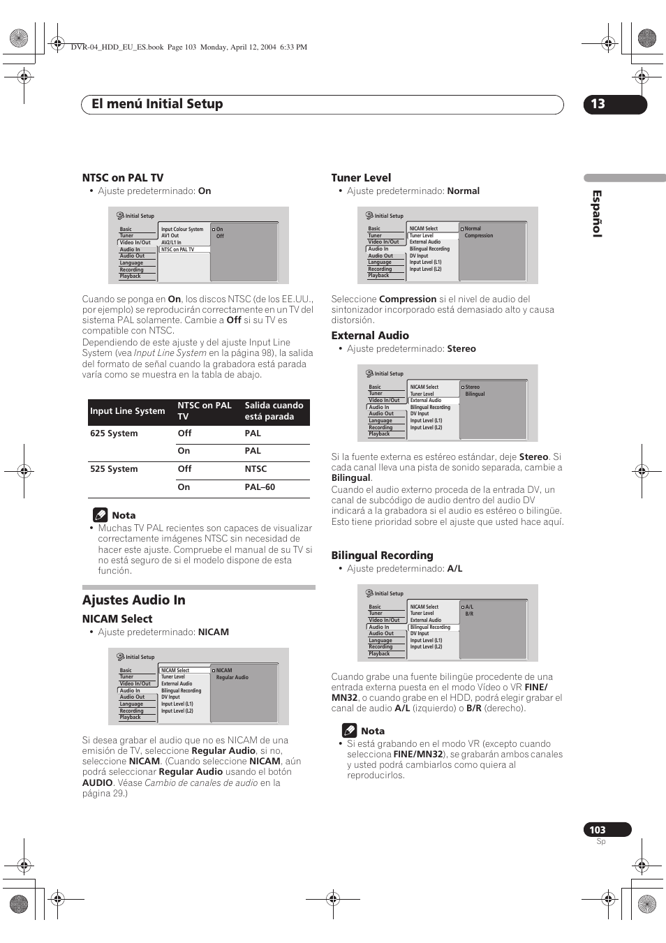 Ajustes audio in, El menú initial setup 13, Español | Pioneer DVR-520H-S User Manual | Page 103 / 127