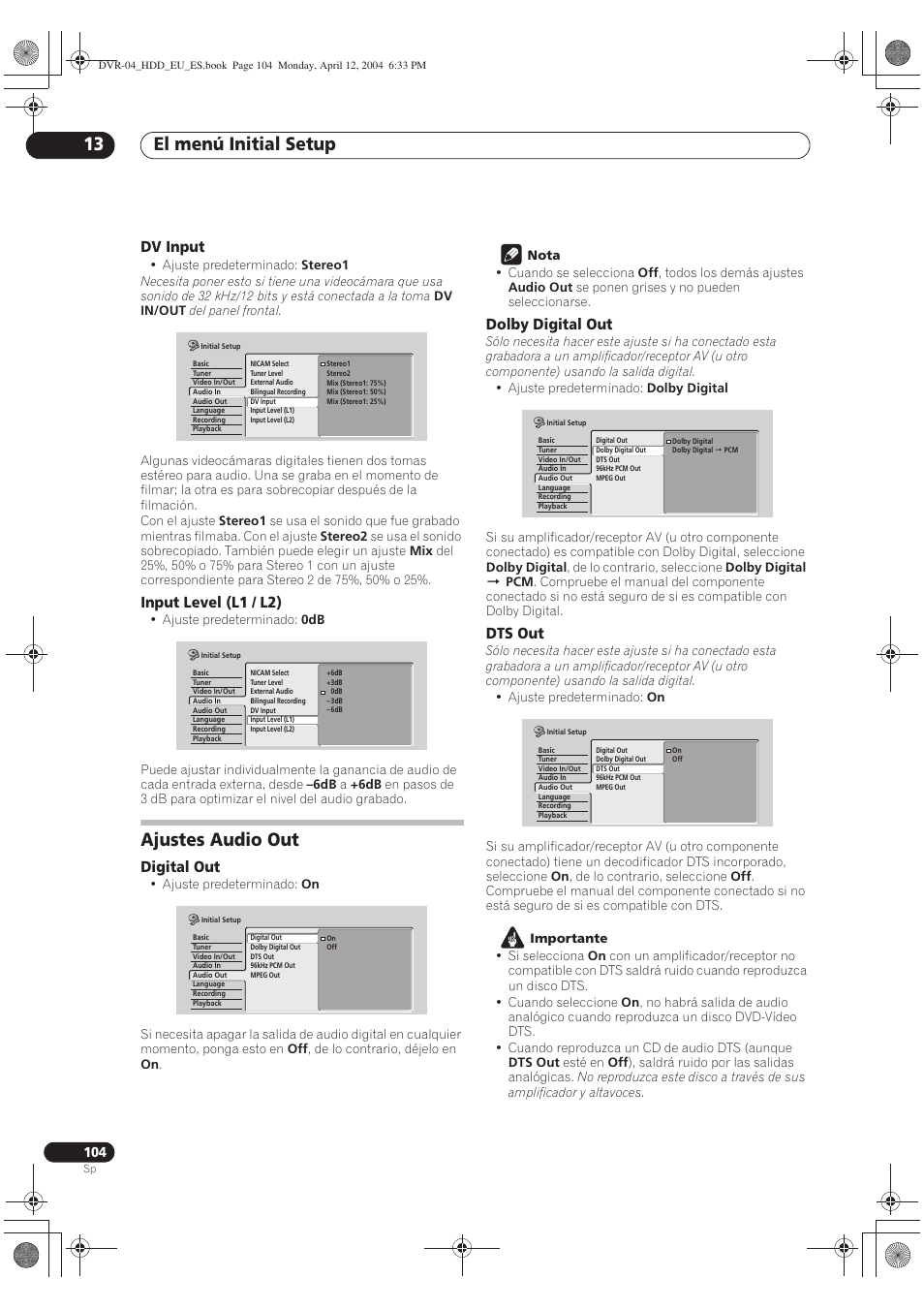 Ajustes audio out, El menú initial setup 13 | Pioneer DVR-520H-S User Manual | Page 104 / 127