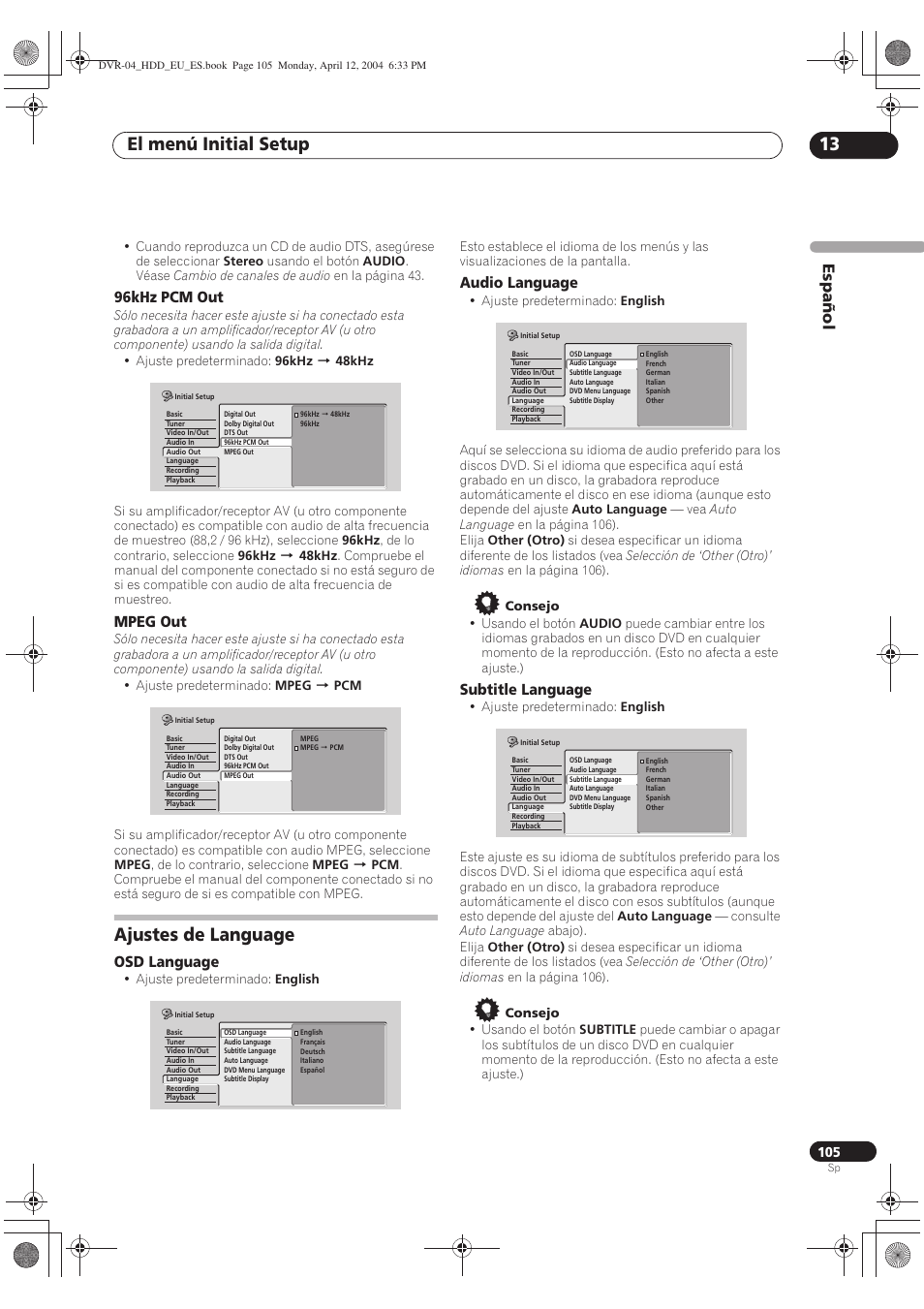 Ajustes de language, El menú initial setup 13, Español | Pioneer DVR-520H-S User Manual | Page 105 / 127