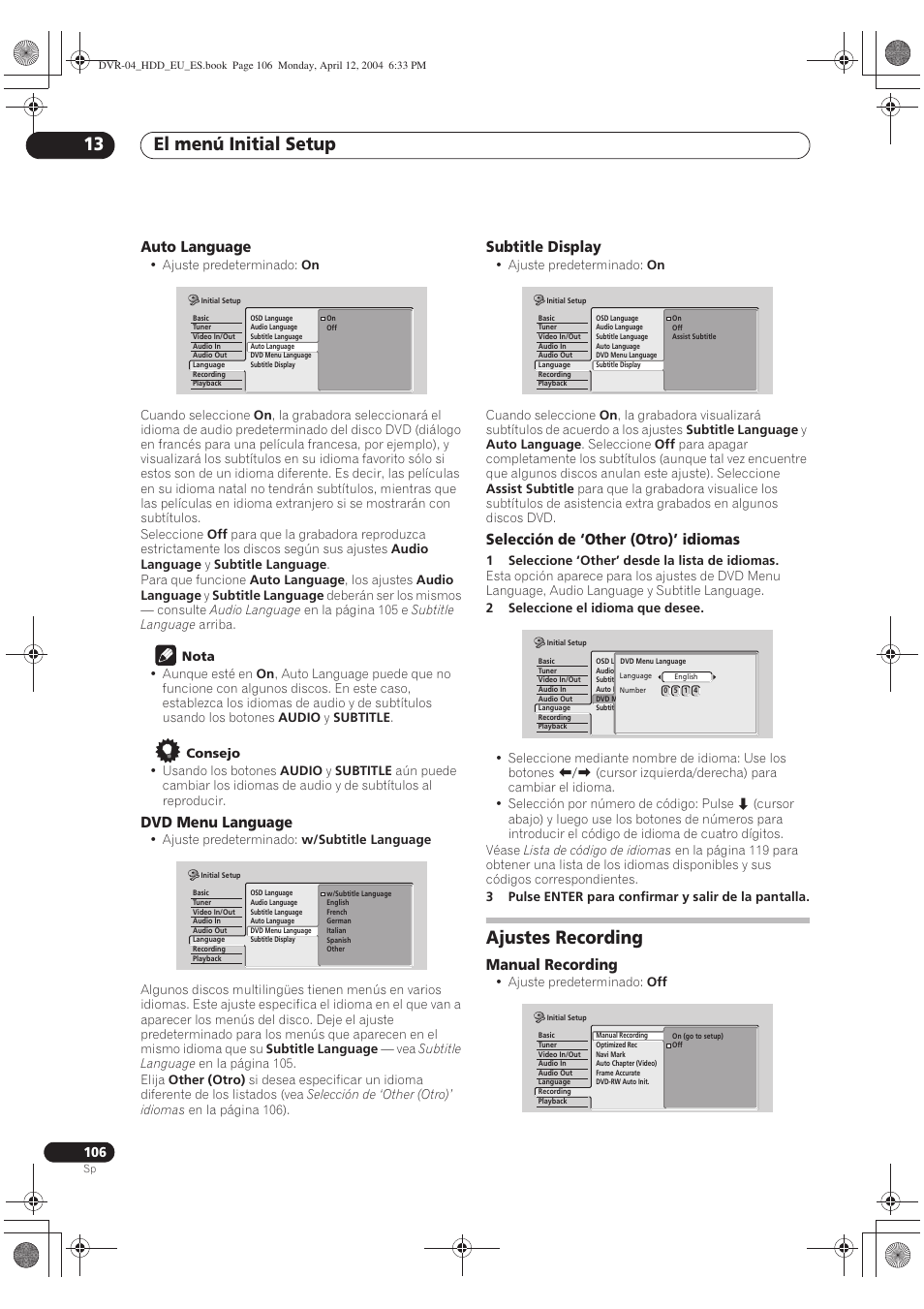 Ajustes recording, El menú initial setup 13 | Pioneer DVR-520H-S User Manual | Page 106 / 127
