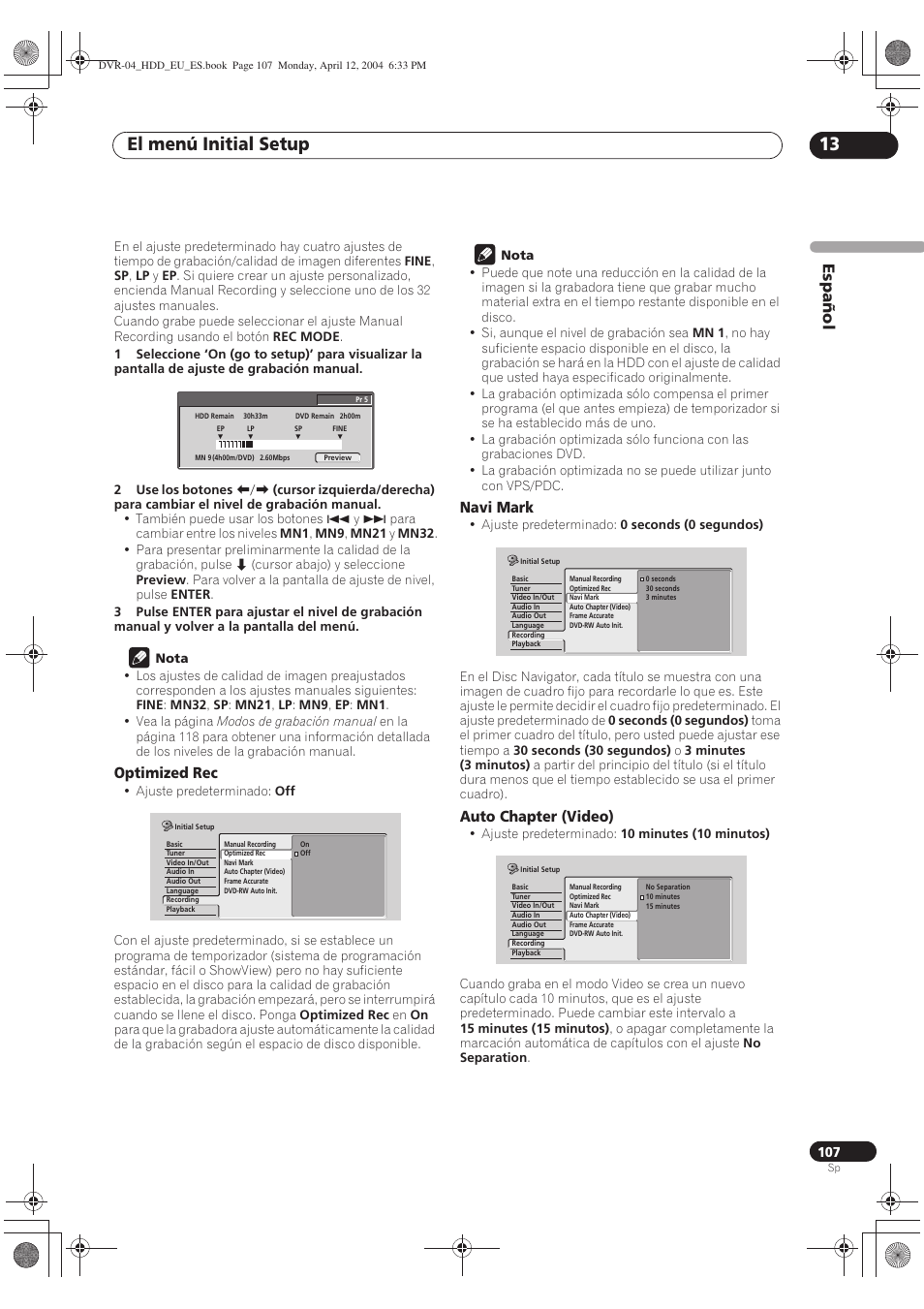 El menú initial setup 13, Español | Pioneer DVR-520H-S User Manual | Page 107 / 127