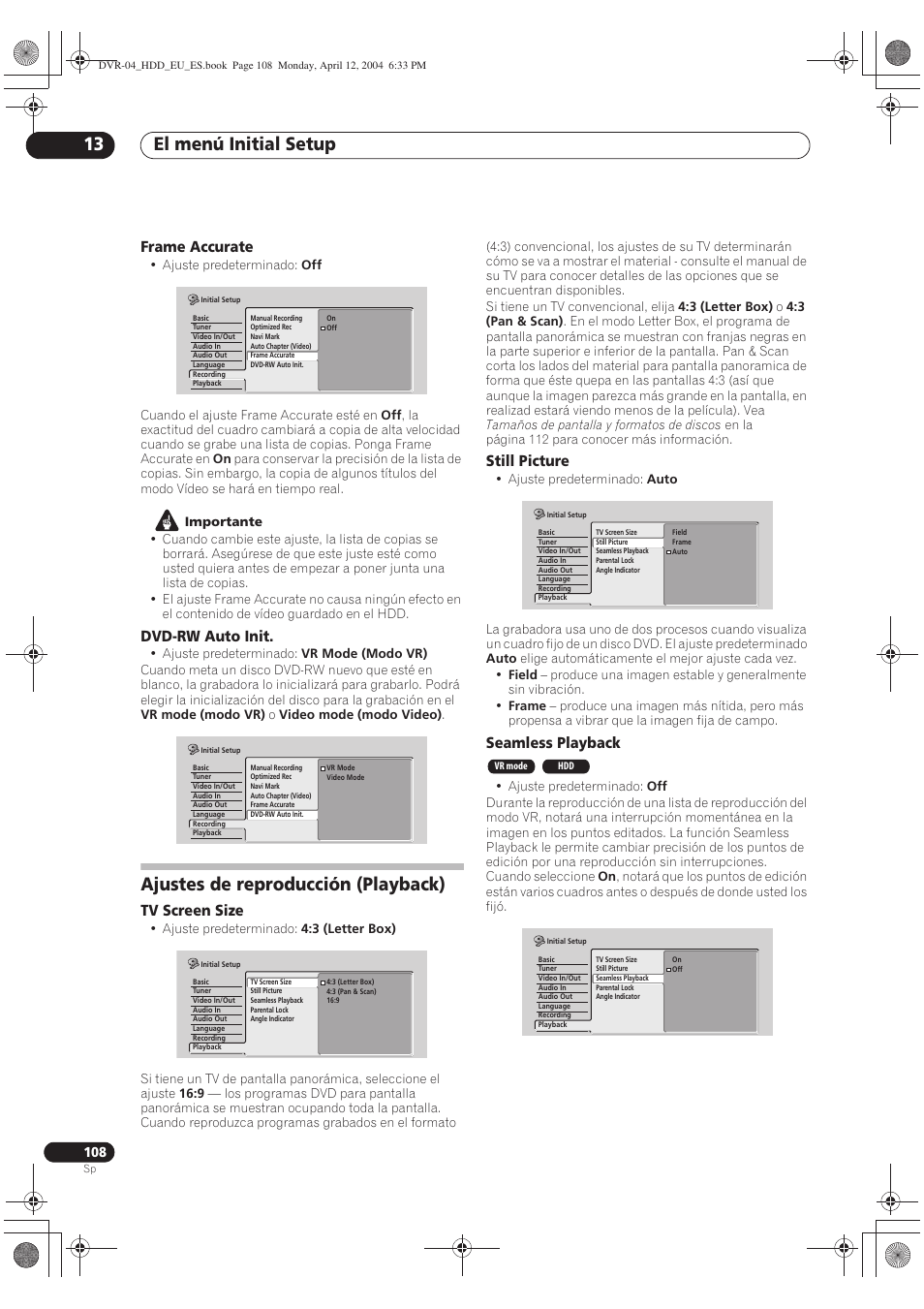 Ajustes de reproducción (playback), El menú initial setup 13 | Pioneer DVR-520H-S User Manual | Page 108 / 127