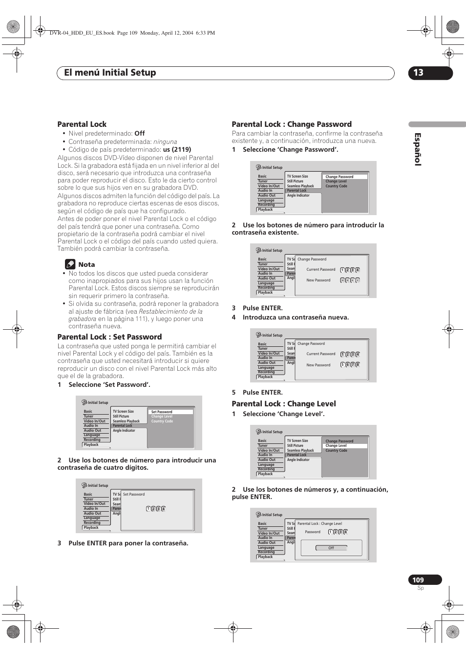 El menú initial setup 13, Español, Parental lock | Parental lock : set password, Parental lock : change password, Parental lock : change level | Pioneer DVR-520H-S User Manual | Page 109 / 127