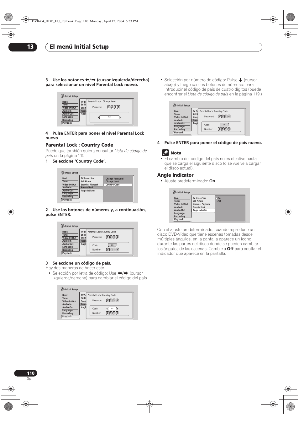 El menú initial setup 13, Parental lock : country code, Angle indicator | Pioneer DVR-520H-S User Manual | Page 110 / 127