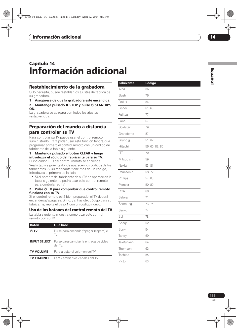 14 información adicional, Restablecimiento de la grabadora, Información adicional | Información adicional 14, Capítulo 14 | Pioneer DVR-520H-S User Manual | Page 111 / 127