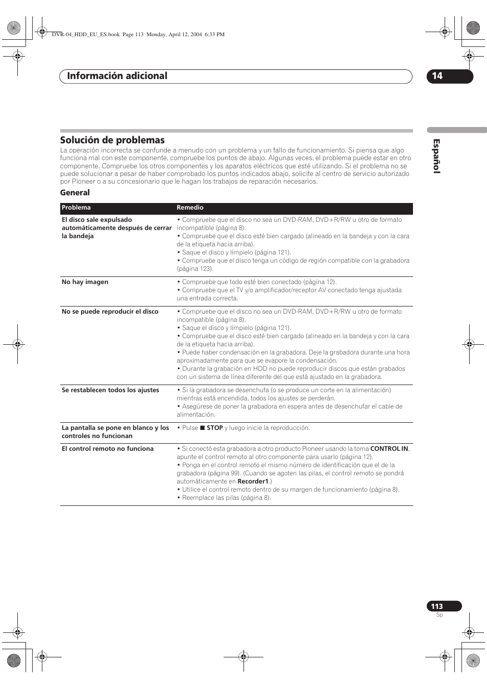 Solución de problemas, Información adicional 14 | Pioneer DVR-520H-S User Manual | Page 113 / 127