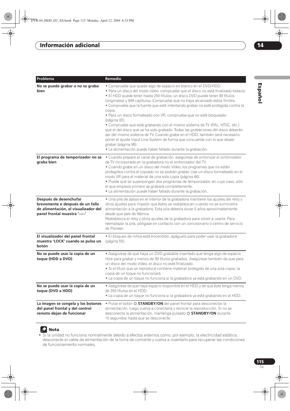 Información adicional 14 | Pioneer DVR-520H-S User Manual | Page 115 / 127