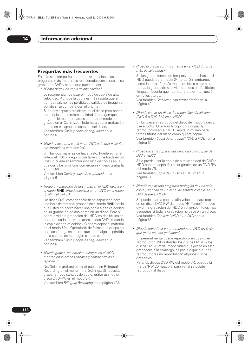 Preguntas más frecuentes, Información adicional 14 | Pioneer DVR-520H-S User Manual | Page 116 / 127