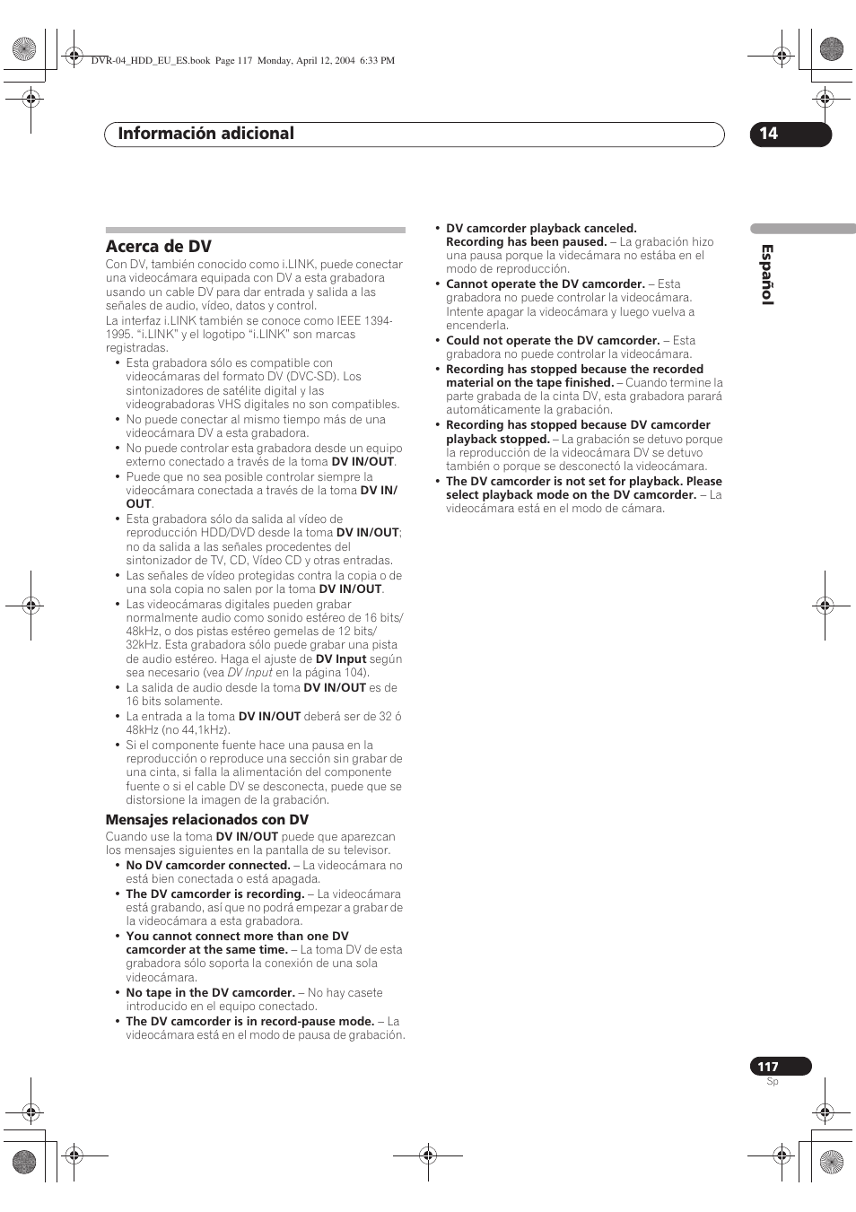 Acerca de dv, Información adicional 14 | Pioneer DVR-520H-S User Manual | Page 117 / 127