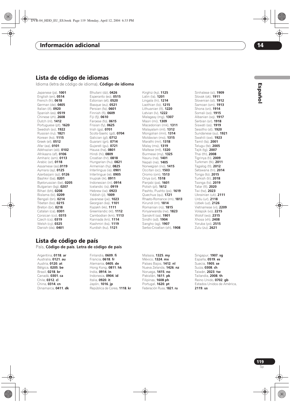 Lista de código de idiomas, Lista de código de país, Información adicional 14 | Español | Pioneer DVR-520H-S User Manual | Page 119 / 127