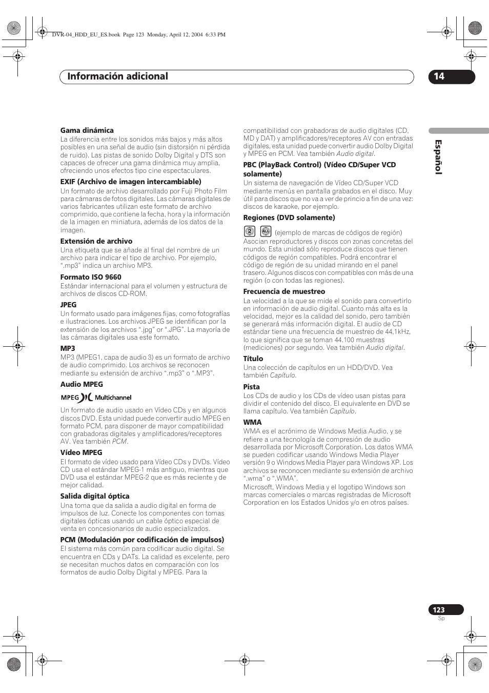 Información adicional 14 | Pioneer DVR-520H-S User Manual | Page 123 / 127