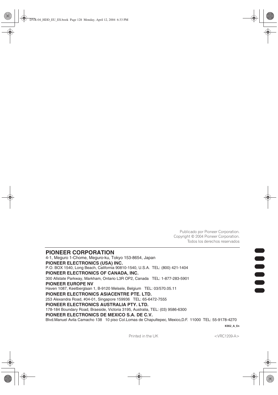 Pioneer corporation | Pioneer DVR-520H-S User Manual | Page 127 / 127