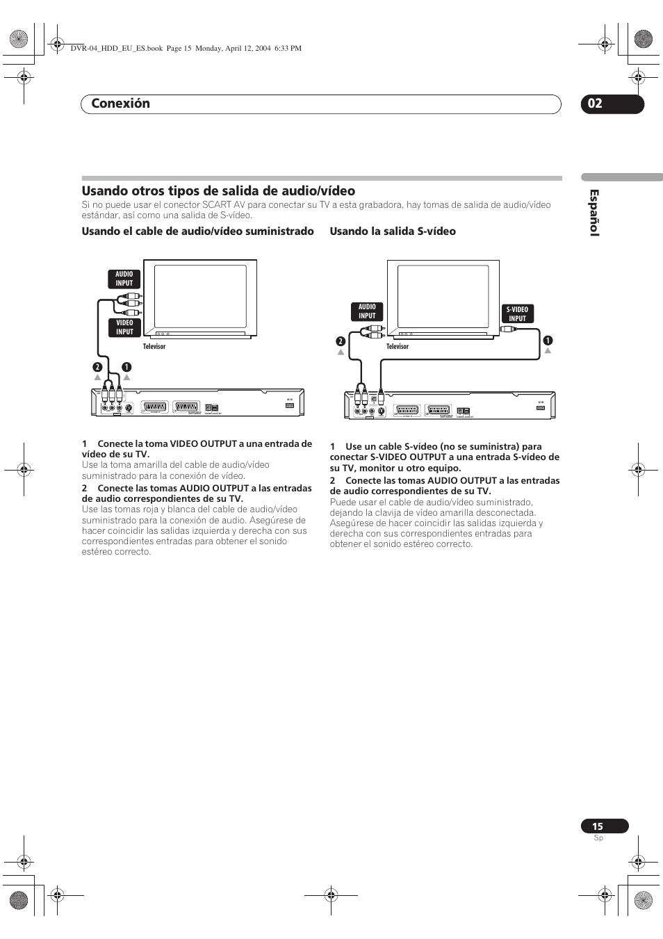Usando otros tipos de salida de audio/vídeo, Conexión 02, Español | Usando el cable de audio/vídeo suministrado, Usando la salida s-vídeo, Televisor, Video input audio input, S-video input audio input | Pioneer DVR-520H-S User Manual | Page 15 / 127