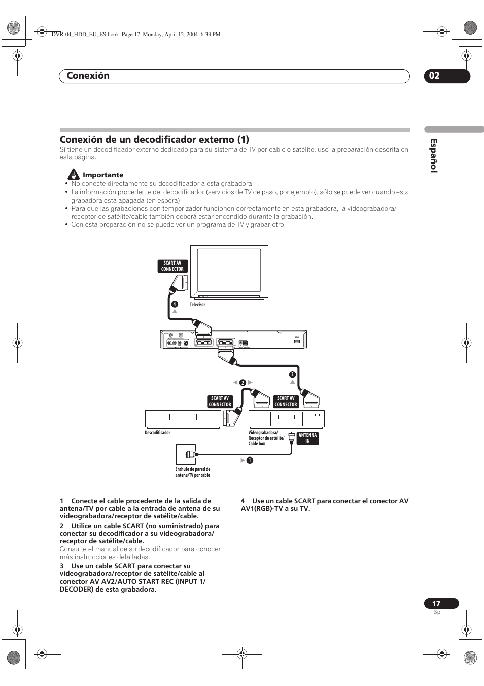 Conexión de un decodificador externo (1), Conexión 02, Español | Pioneer DVR-520H-S User Manual | Page 17 / 127