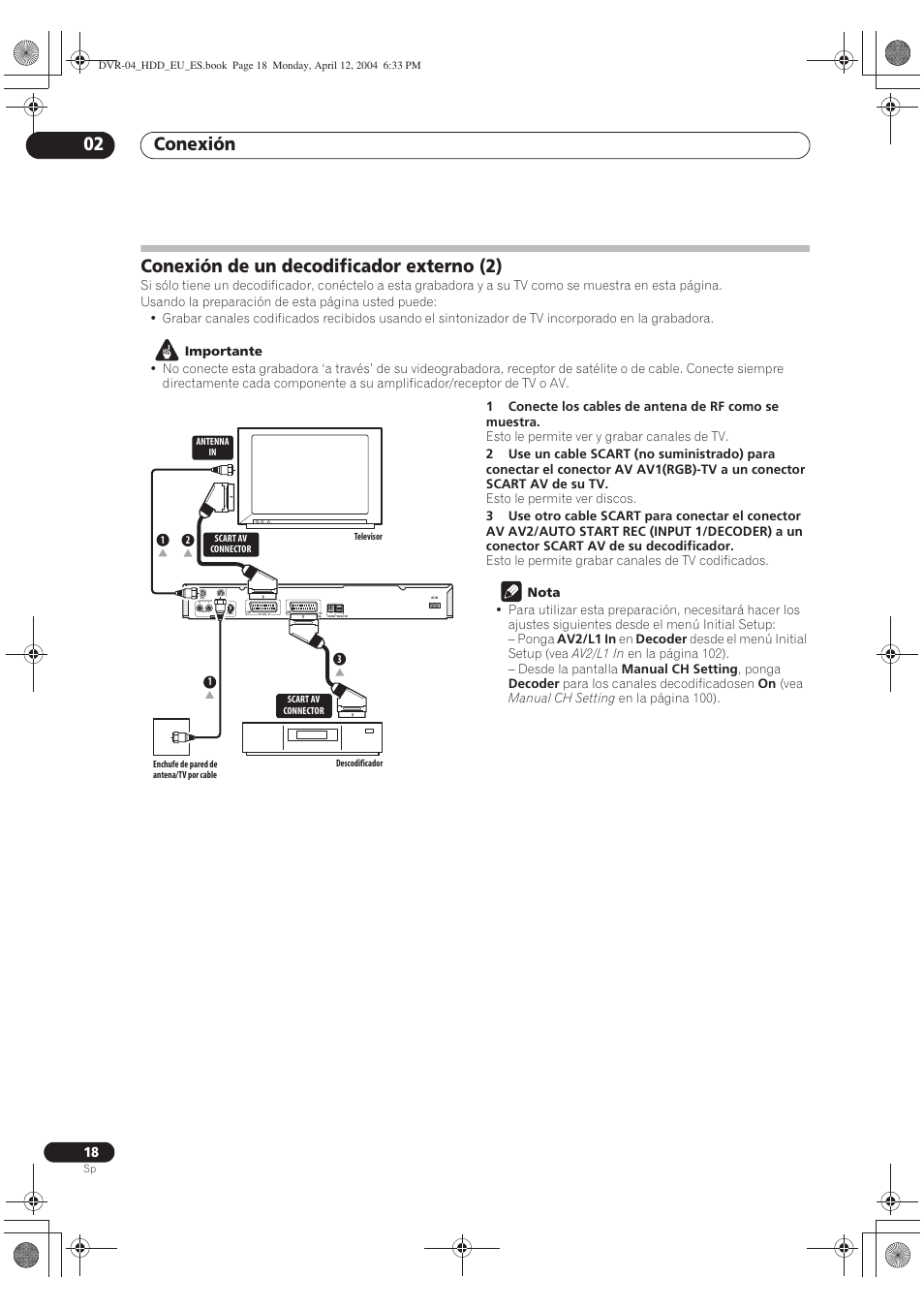 Conexión de un decodificador externo (2), Conexión 02 | Pioneer DVR-520H-S User Manual | Page 18 / 127