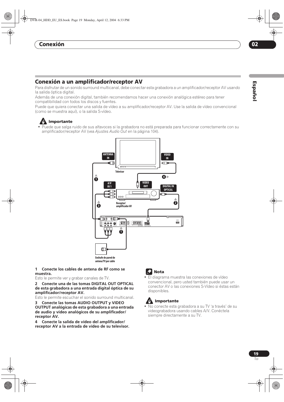 Conexión a un amplificador/receptor av, Conexión 02, Español | Pioneer DVR-520H-S User Manual | Page 19 / 127