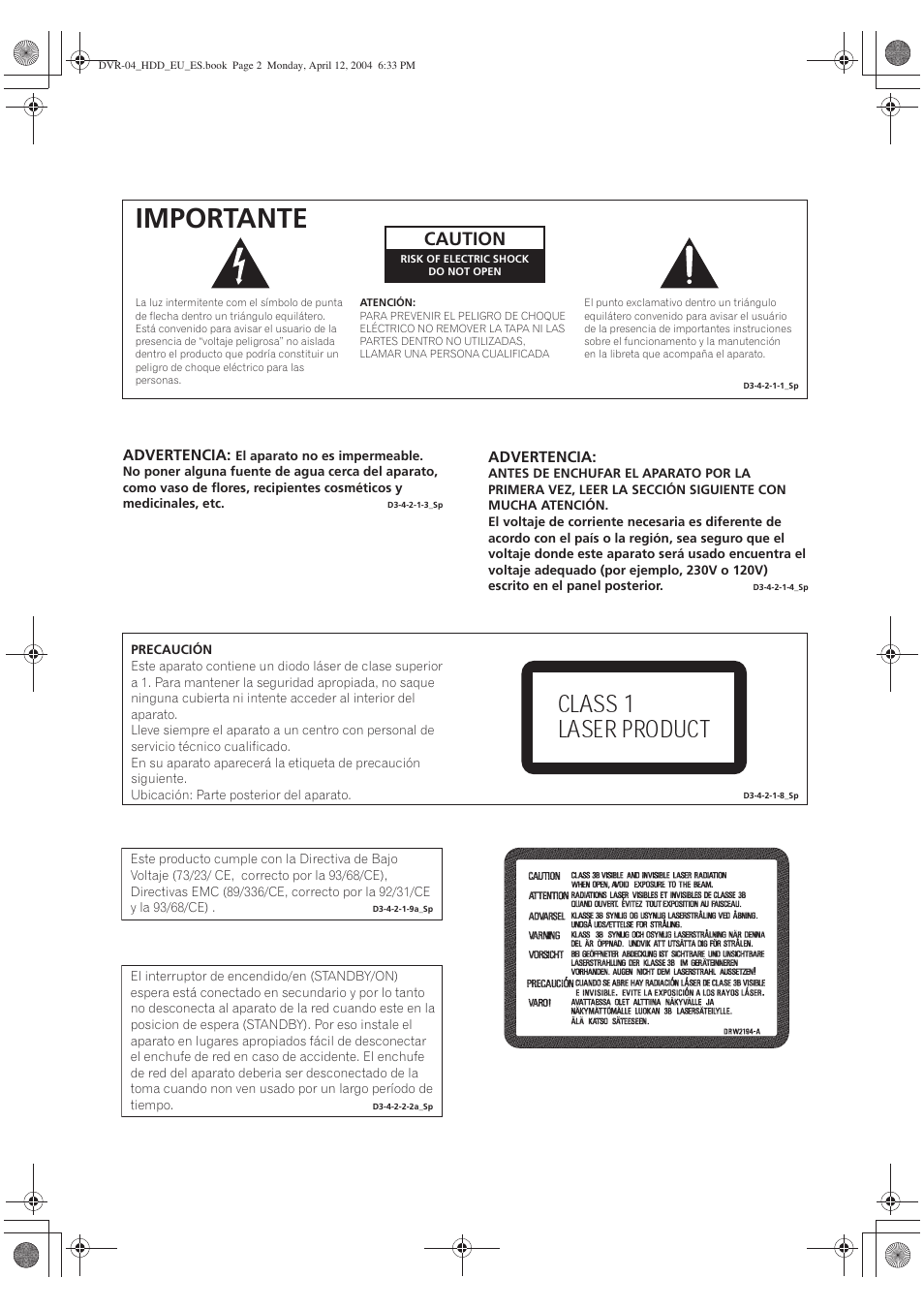 Importante, Class 1 laser product, Caution | Pioneer DVR-520H-S User Manual | Page 2 / 127