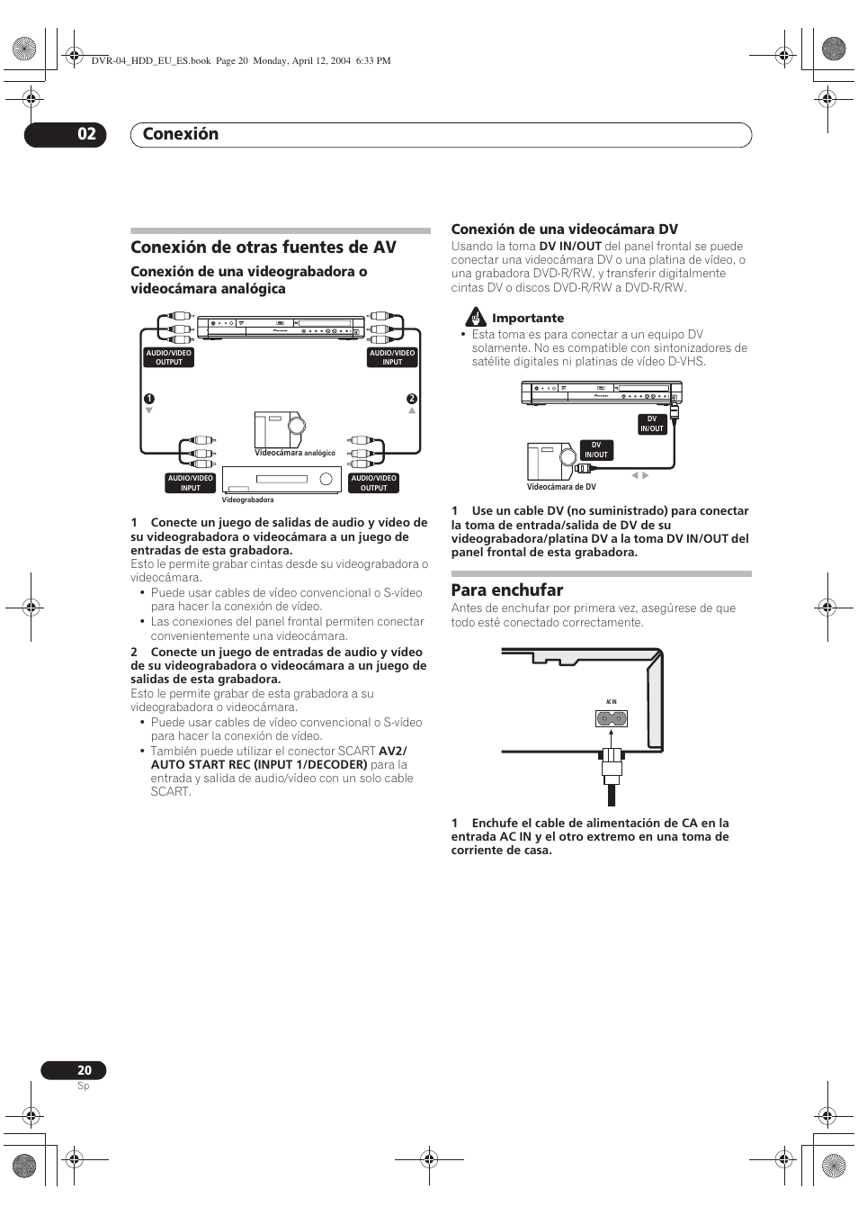 Conexión de otras fuentes de av, Para enchufar, Conexión 02 | Pioneer DVR-520H-S User Manual | Page 20 / 127