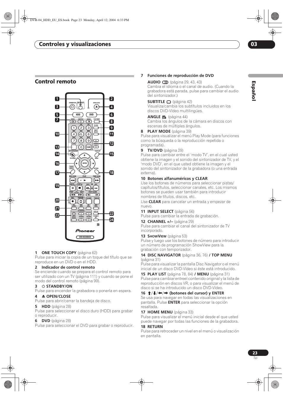 Control remoto, Controles y visualizaciones 03, Español | Pioneer DVR-520H-S User Manual | Page 23 / 127