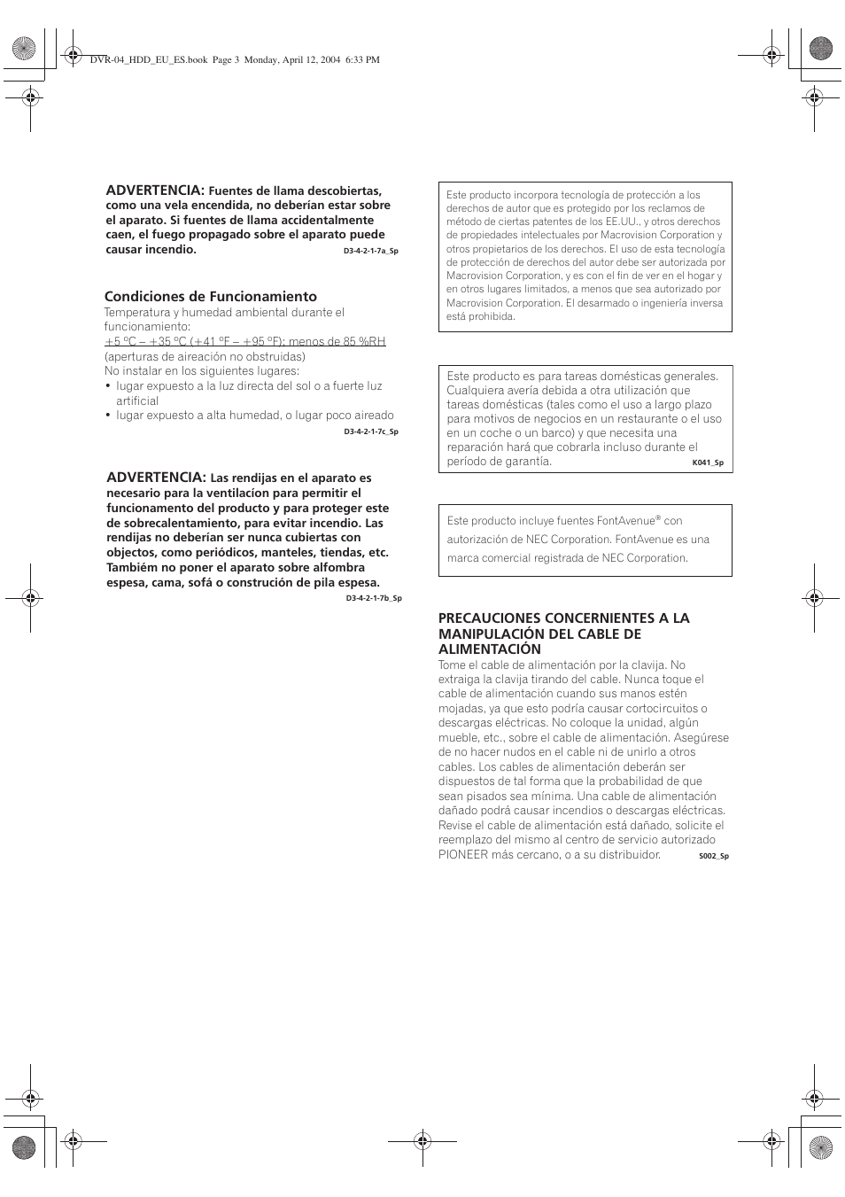 Advertencia, Condiciones de funcionamiento | Pioneer DVR-520H-S User Manual | Page 3 / 127