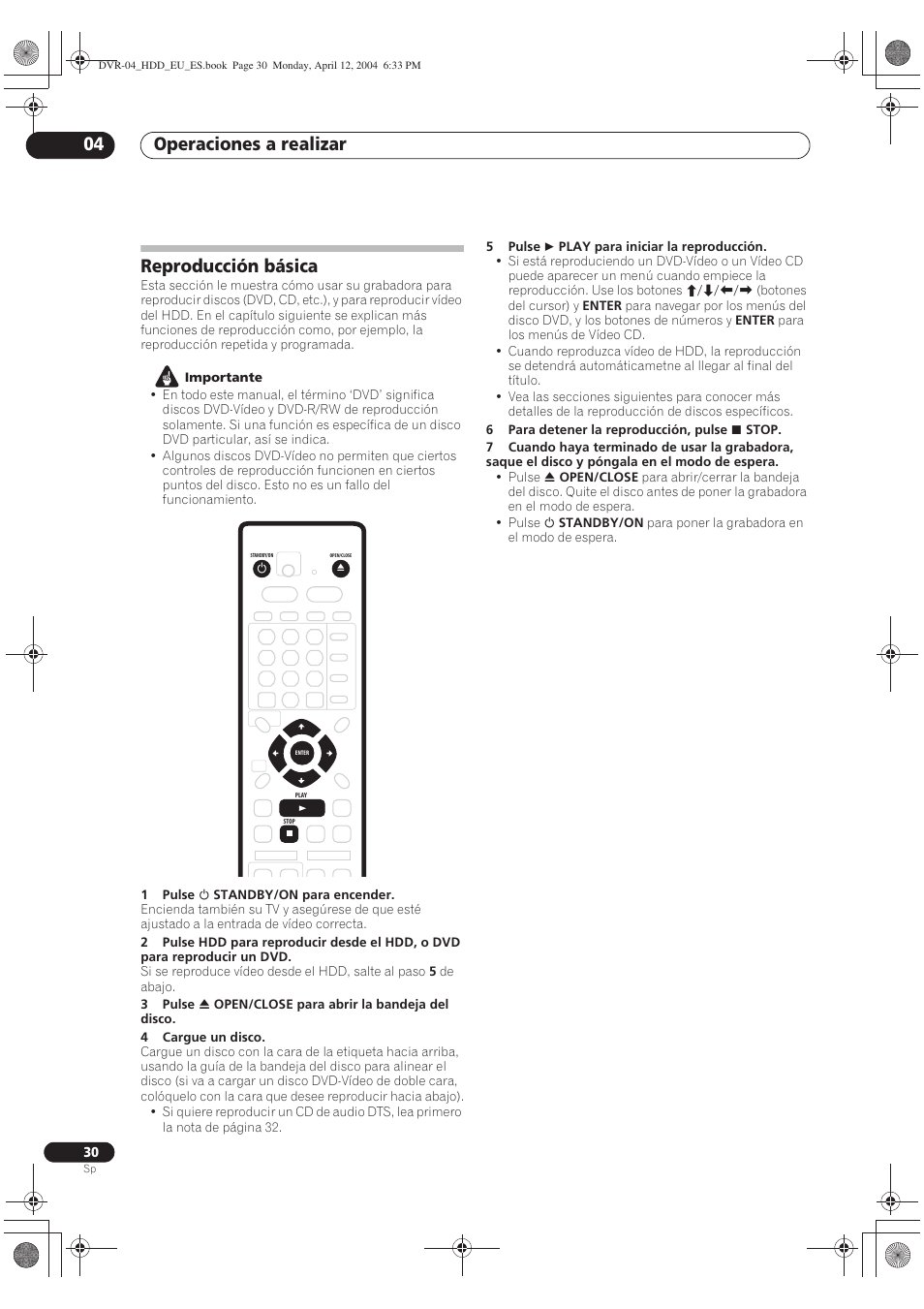 Reproducción básica, Operaciones a realizar 04 | Pioneer DVR-520H-S User Manual | Page 30 / 127