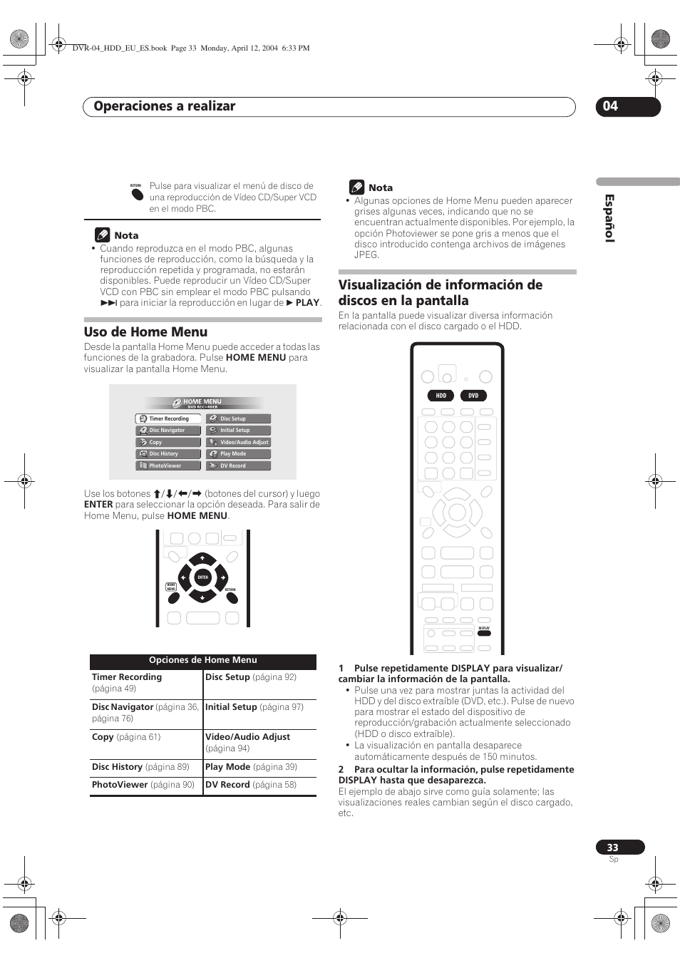 Uso de home menu, Operaciones a realizar 04, Español | Pioneer DVR-520H-S User Manual | Page 33 / 127