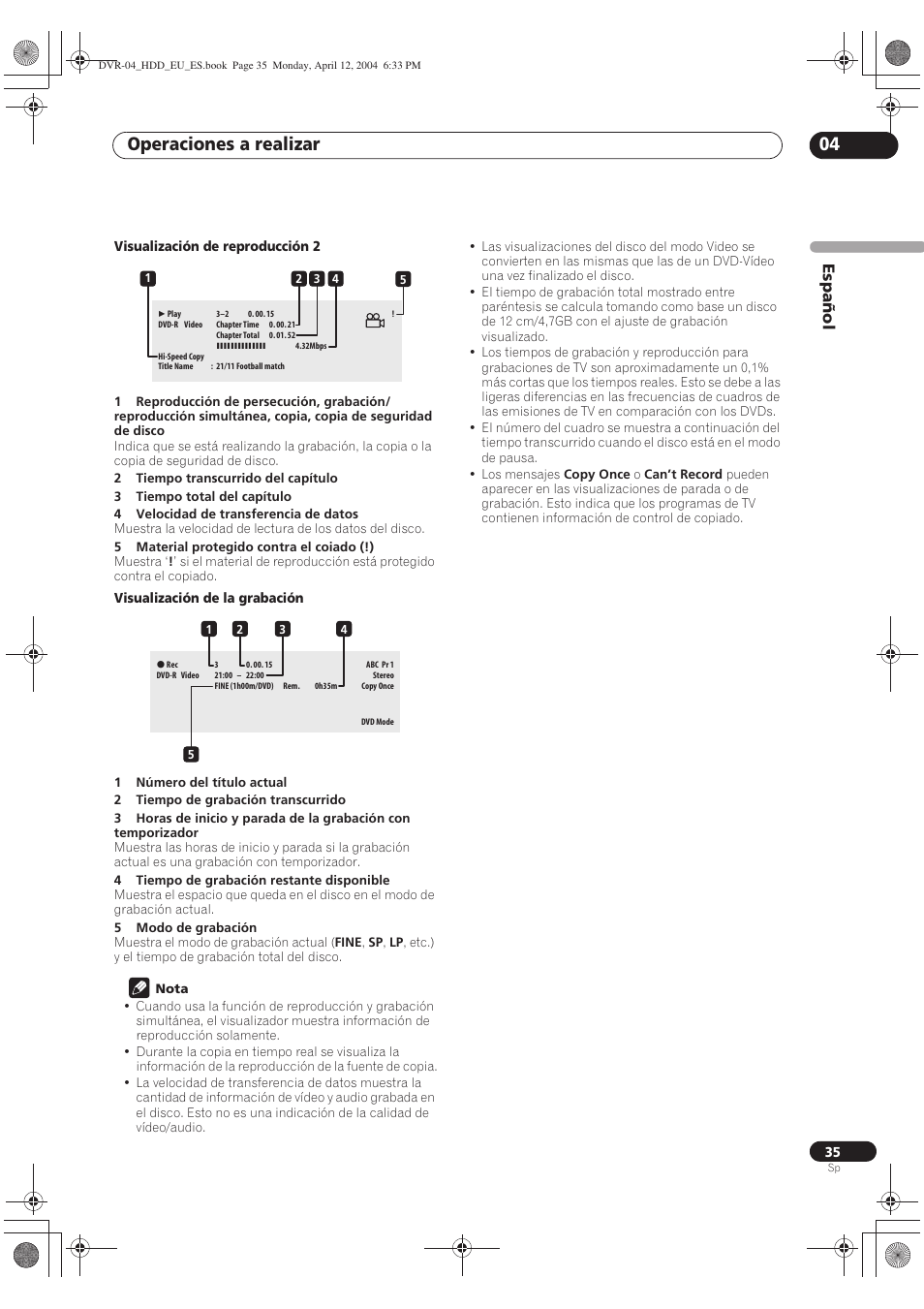 Operaciones a realizar 04, Español | Pioneer DVR-520H-S User Manual | Page 35 / 127