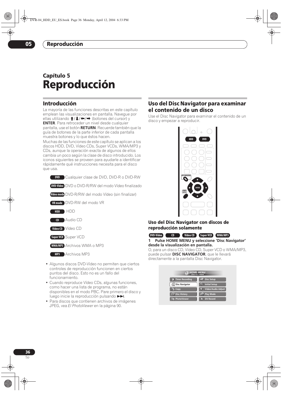 05 reproducción, Introducción, Reproducción | Reproducción 05, Capítulo 5 | Pioneer DVR-520H-S User Manual | Page 36 / 127