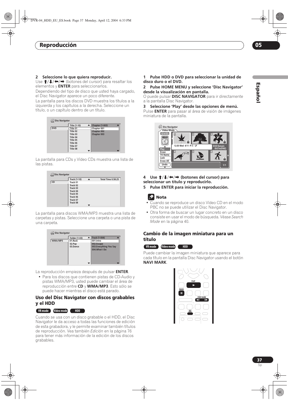 Reproducción 05, Español, Cambio de la imagen miniatura para un título | Pioneer DVR-520H-S User Manual | Page 37 / 127