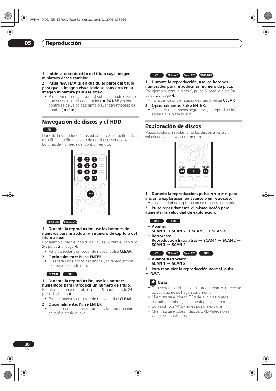 Navegación de discos y el hdd, Exploración de discos, Reproducción 05 | Pioneer DVR-520H-S User Manual | Page 38 / 127