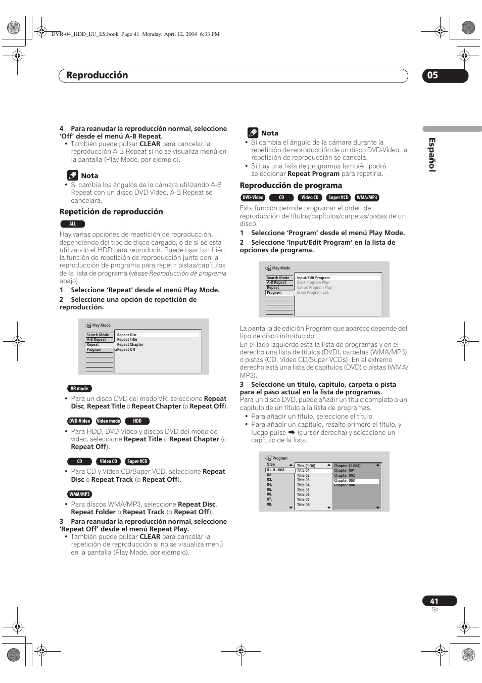 Reproducción 05, Español | Pioneer DVR-520H-S User Manual | Page 41 / 127