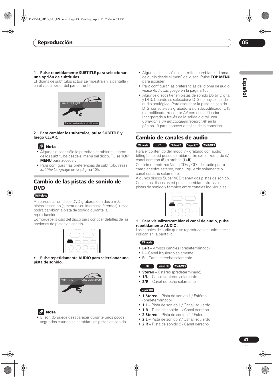 Cambio de las pistas de sonido de dvd, Cambio de canales de audio, Reproducción 05 | Pioneer DVR-520H-S User Manual | Page 43 / 127